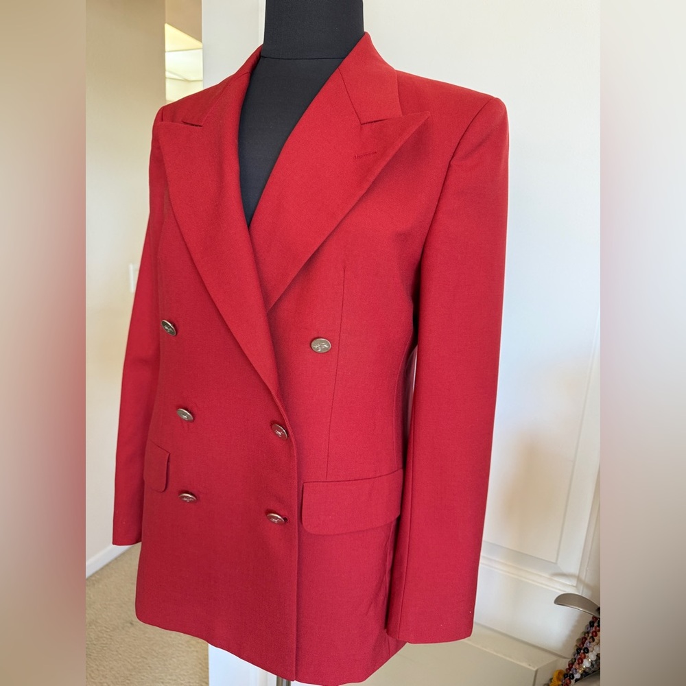 Burberry Red Wool Double-Breasted Blazer jacket Silver Crest Buttons - Picture 4 of 10